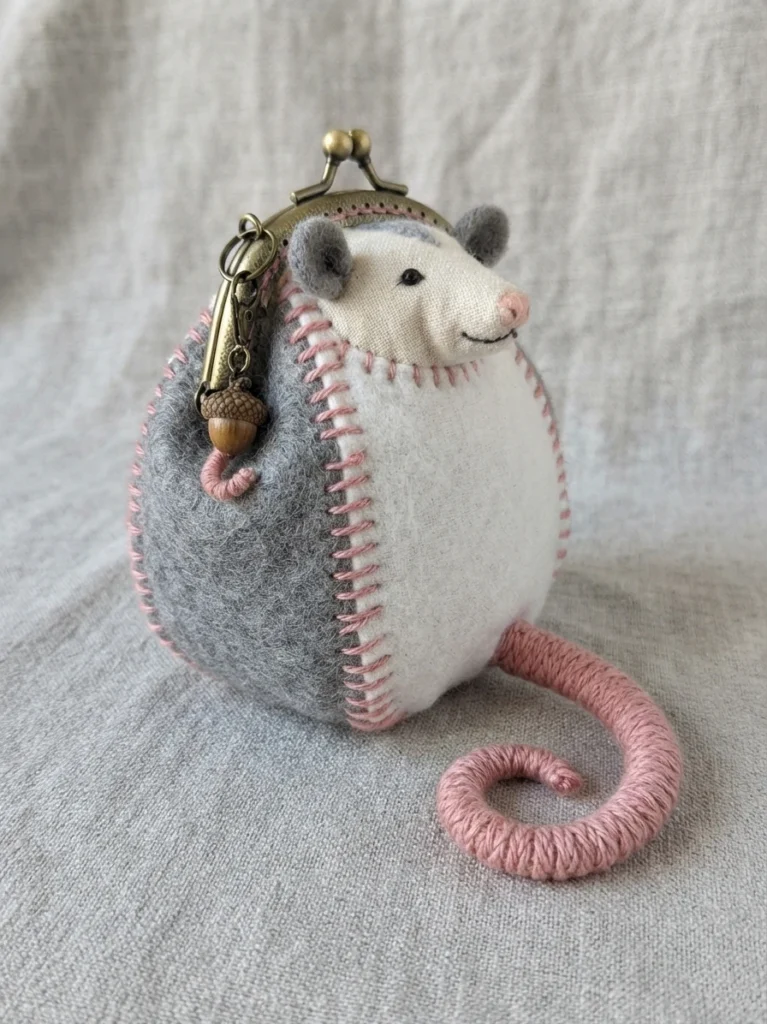 Bourse en forme d’opossum avec un fermoir métallique, un corps gris et blanc, des coutures roses, une queue bouclée et une breloque gland.