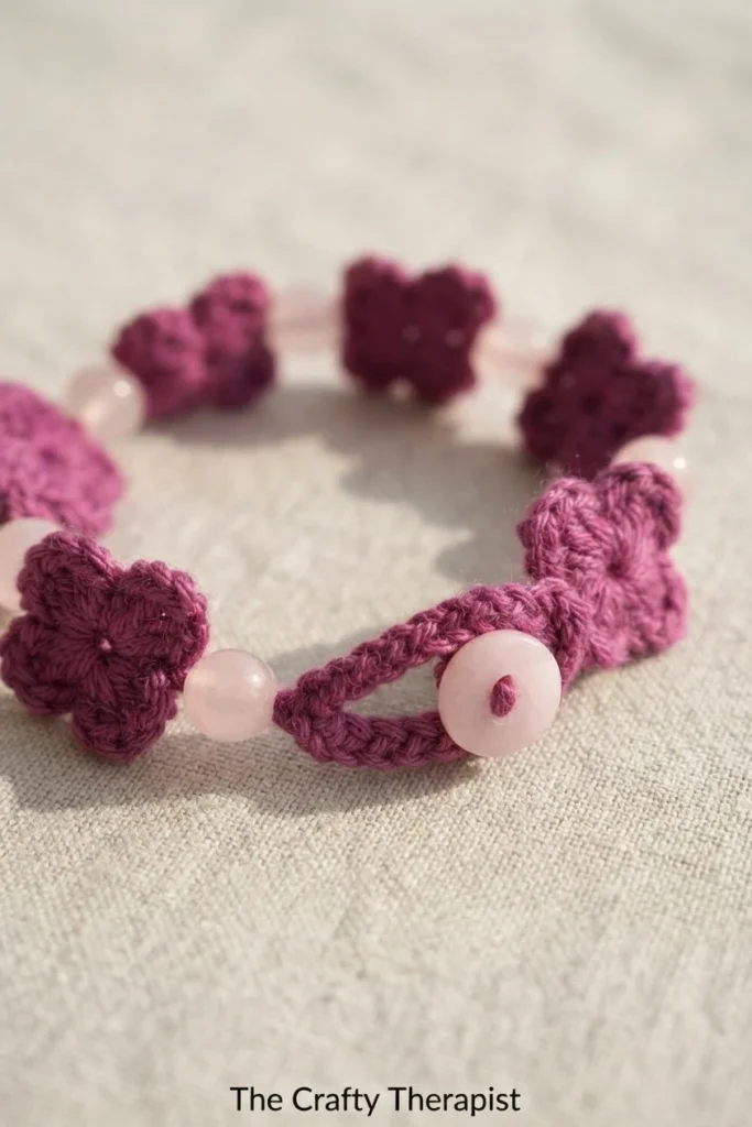 Magenta crochet butterfly bracelet with pale pink beads and a button fastening lying on light fabric