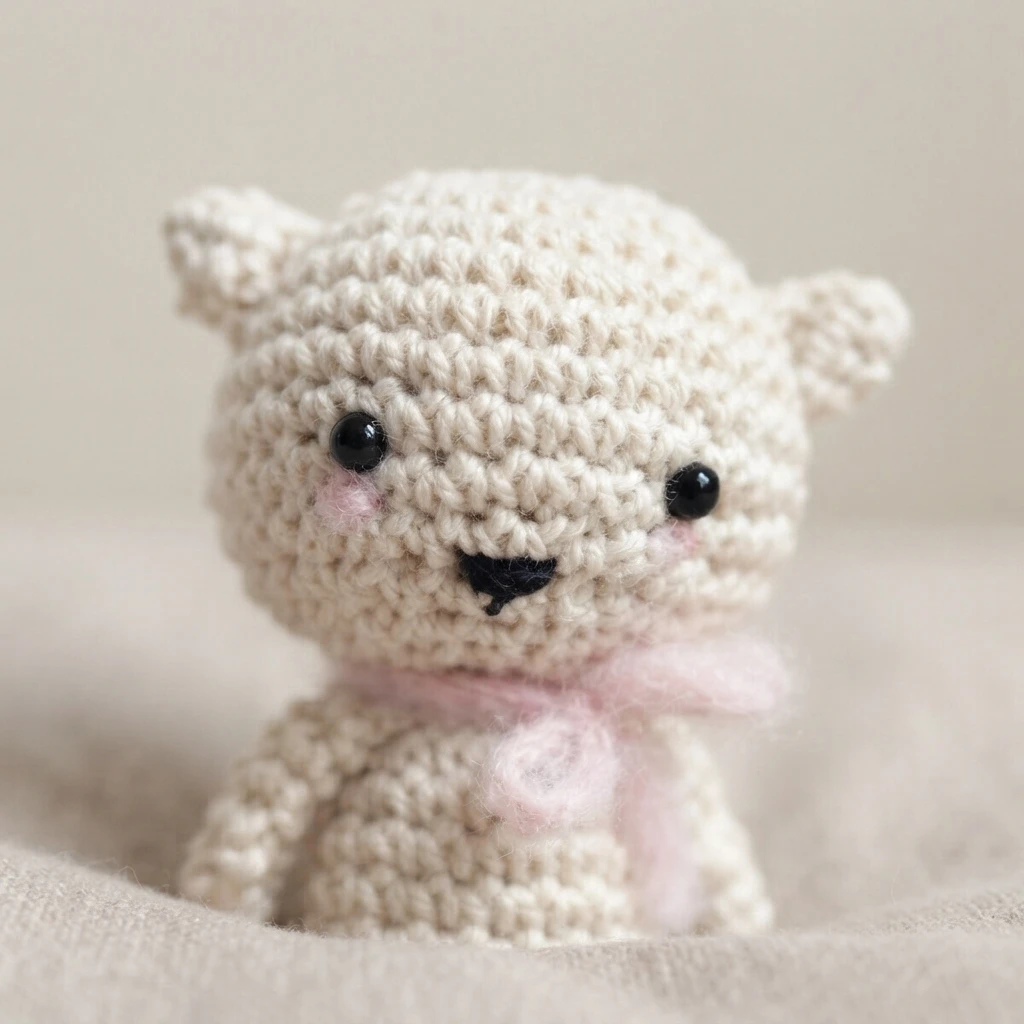 Close up of a small light beige crochet kitten with black eyes, pink blush and a pink bow around its neck on a beige fabric background