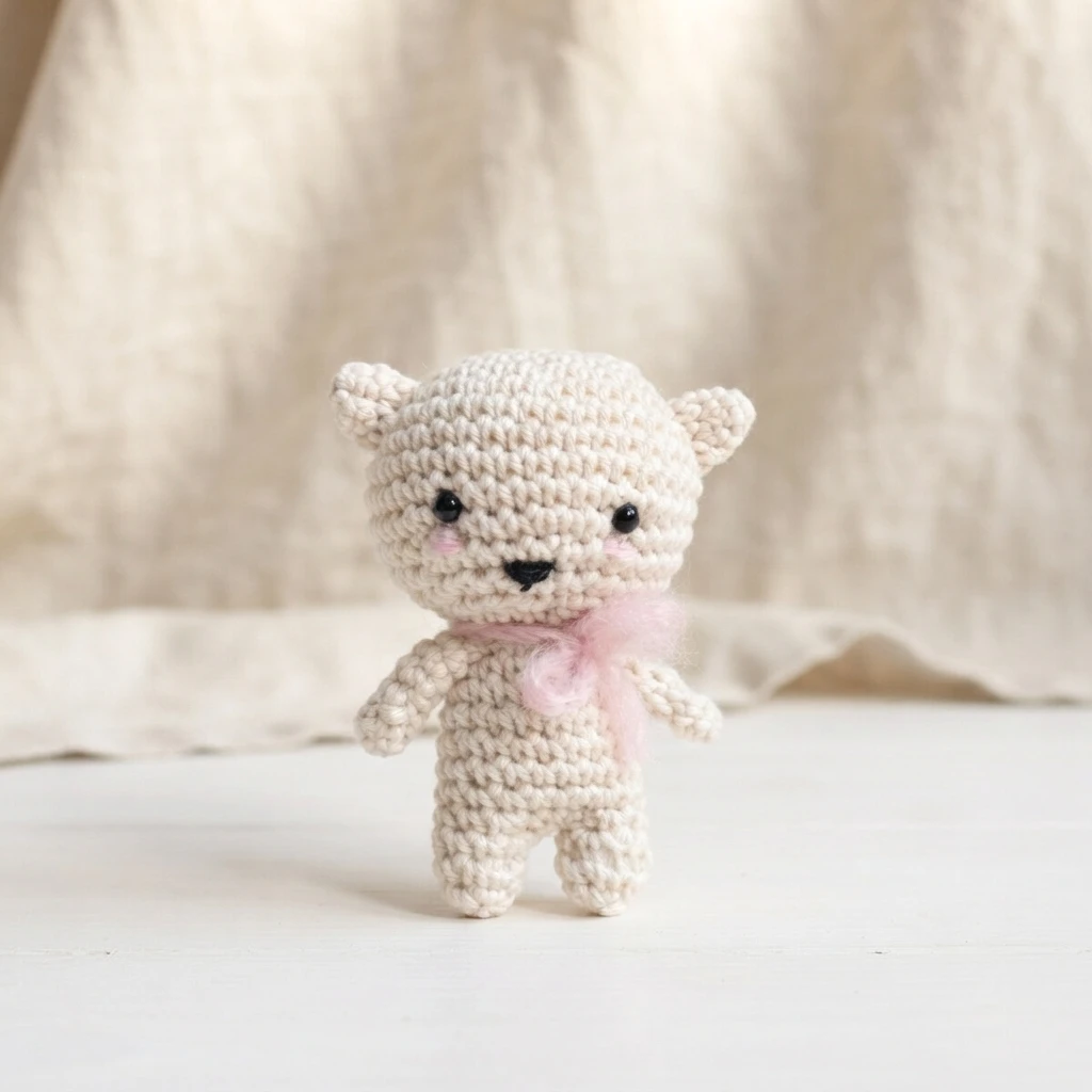 Small light beige crochet kitten with black eyes, pink blush and a pink bow standing on a white surface in front of a beige fabric backdrop