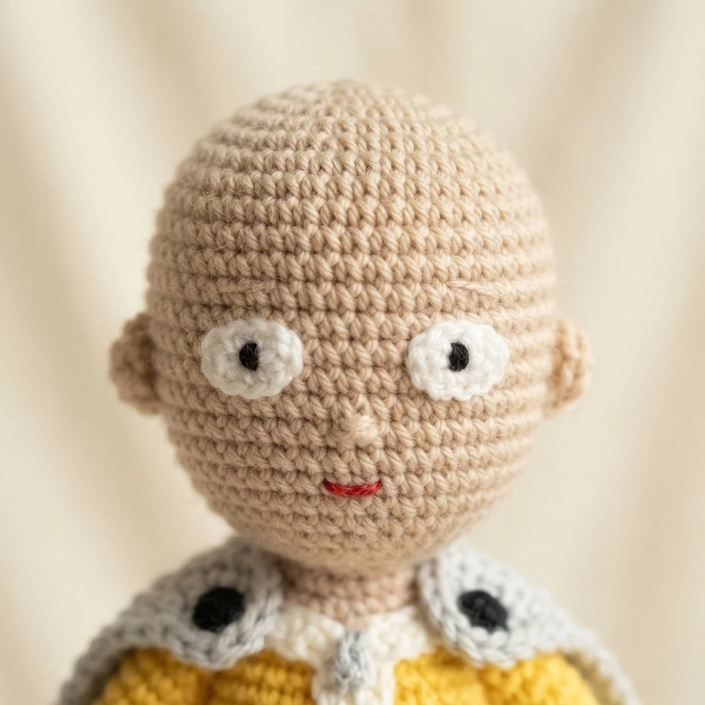 Close-up of a crocheted bald doll head with round white eyes, a small red mouth, and the top of a yellow outfit with a white and gray cape.