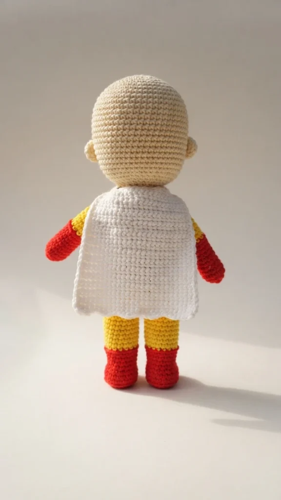 Crocheted Saitama amigurumi doll seen from behind, wearing a yellow suit with red gloves and boots and a white cape.
