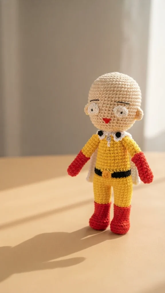 Crocheted Saitama amigurumi doll with yellow suit, red gloves and boots, black belt with orange buckle, and white cape, standing on a table.