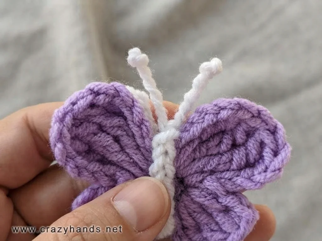 Close-up of a small violet crochet butterfly with a white crocheted body and two white antennae with knotted ends, held between fingers.