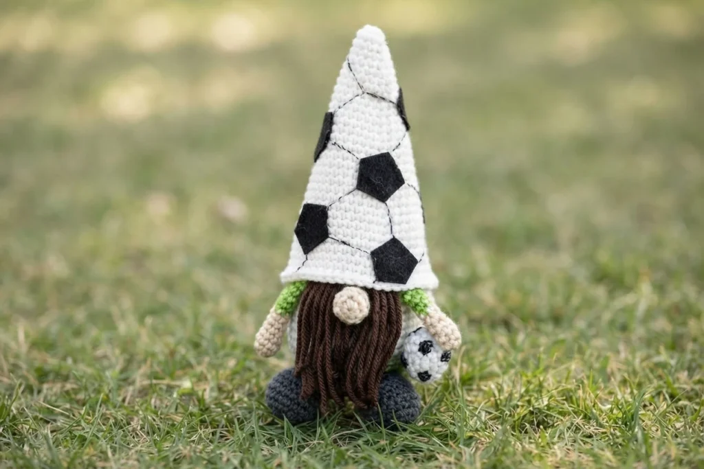 A crochet soccer gnome with a tall white cone hat decorated with black felt pentagons, dark brown fringe beard, beige nose, green sleeves and dark feet, holding a tiny crochet soccer ball, standing on grass.
