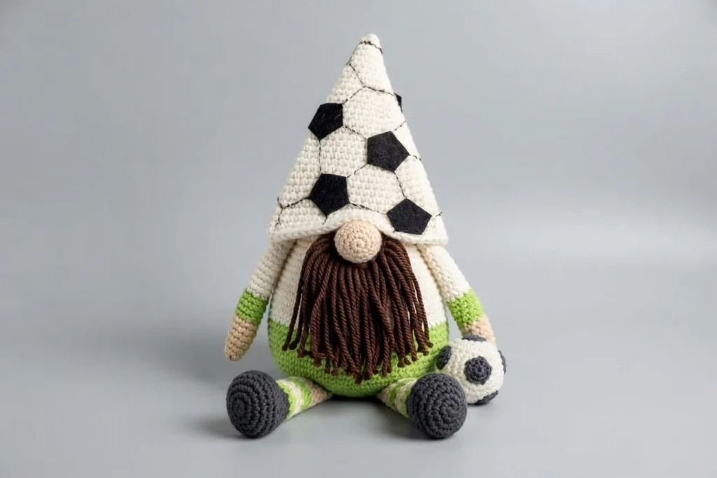 Crochet soccer gnome with a white tall hat decorated with black soccer ball pentagons, a brown yarn beard, a round beige nose, a green and white body, and a small crochet soccer ball beside it