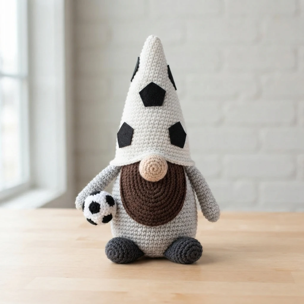 Crocheted soccer gnome wearing a tall white hat with black soccer-ball pentagons, a brown crocheted beard, a round beige nose, grey arms and dark grey feet, holding a small crocheted soccer ball in one arm.
