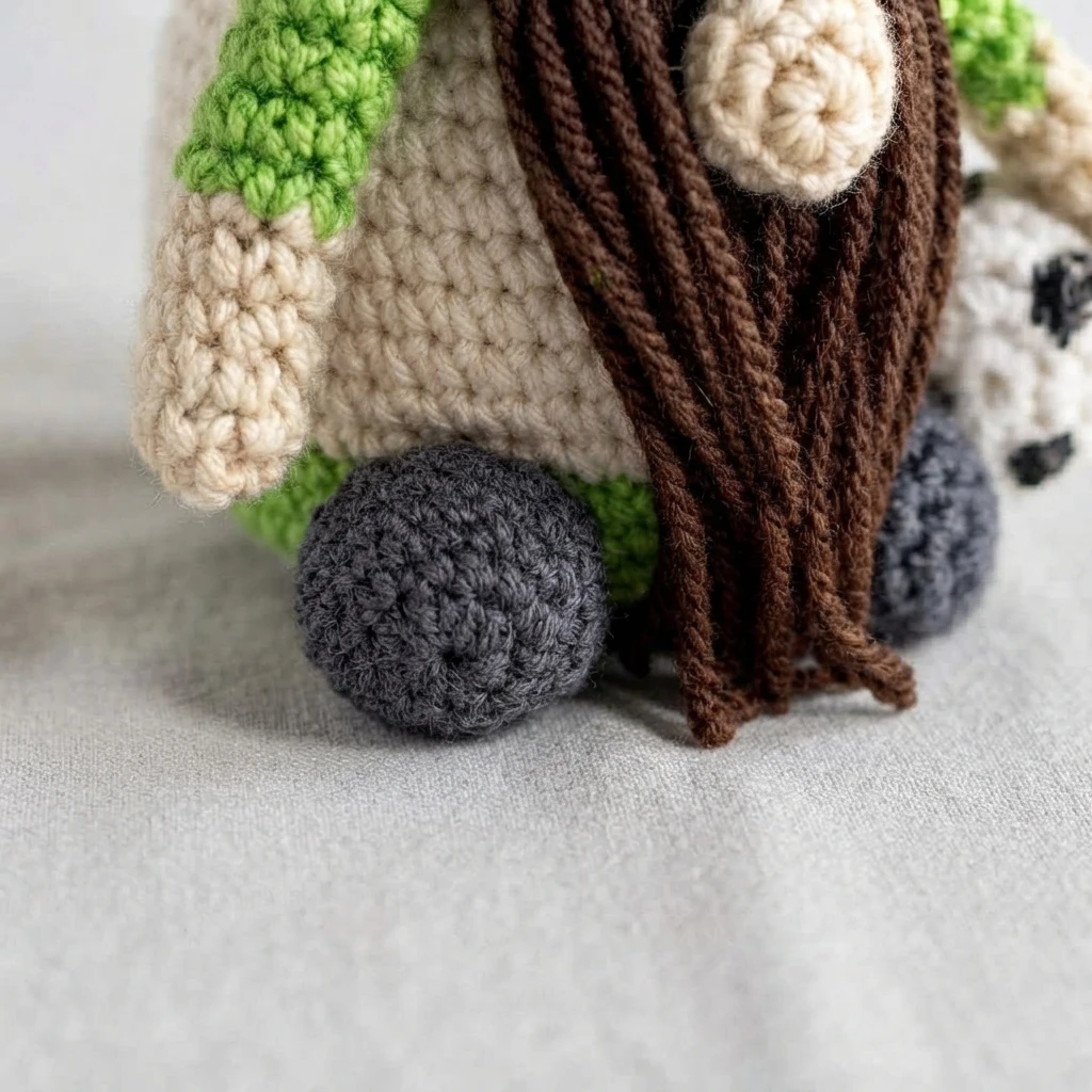 Close-up of a crochet soccer gnome showing two round charcoal-gray feet, a long dark brown yarn beard, and a small crocheted soccer ball beside one arm.