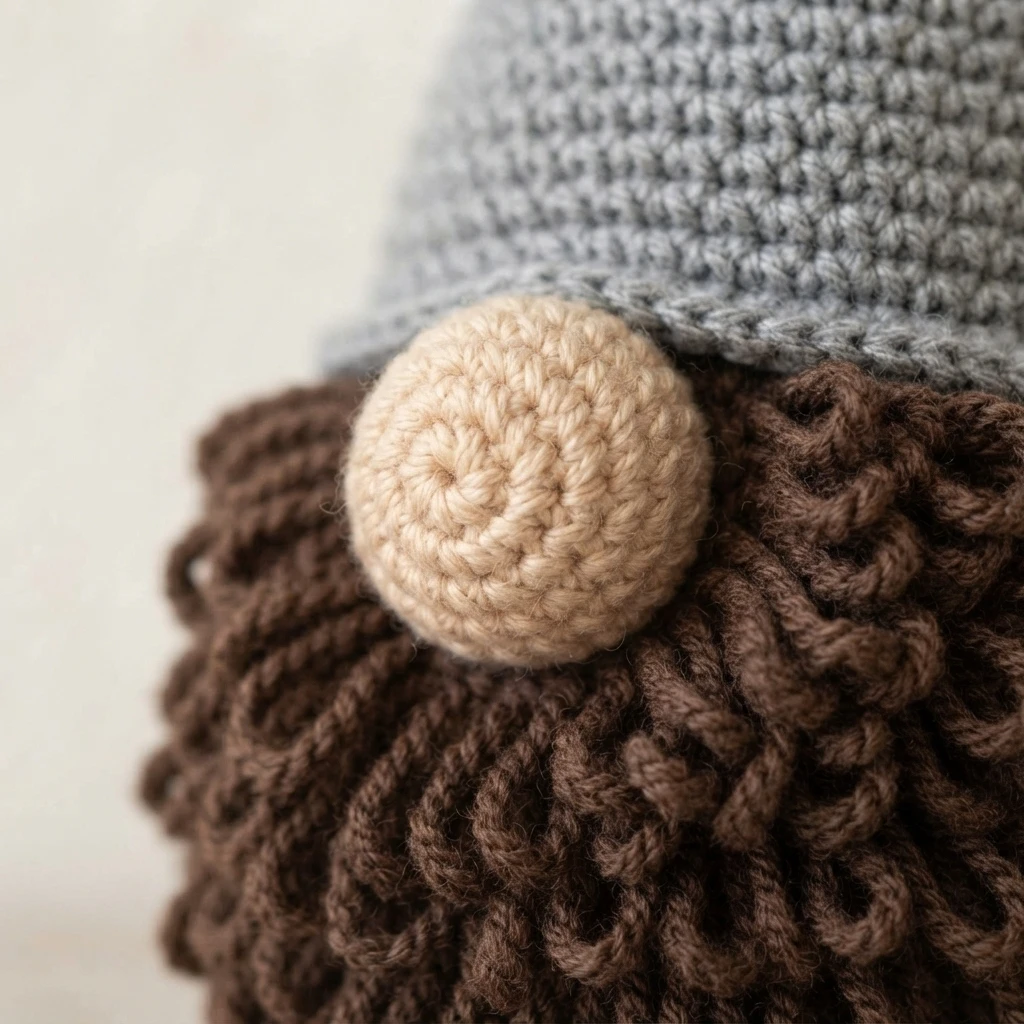 Close-up of a beige crocheted gnome nose centered on a brown curly beard beneath a gray crocheted hat brim.