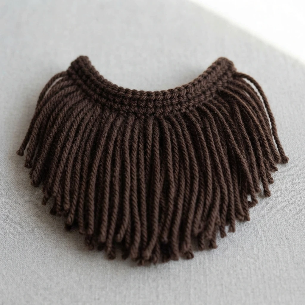 Dark brown U-shaped crocheted fringe beard for the male soccer gnome