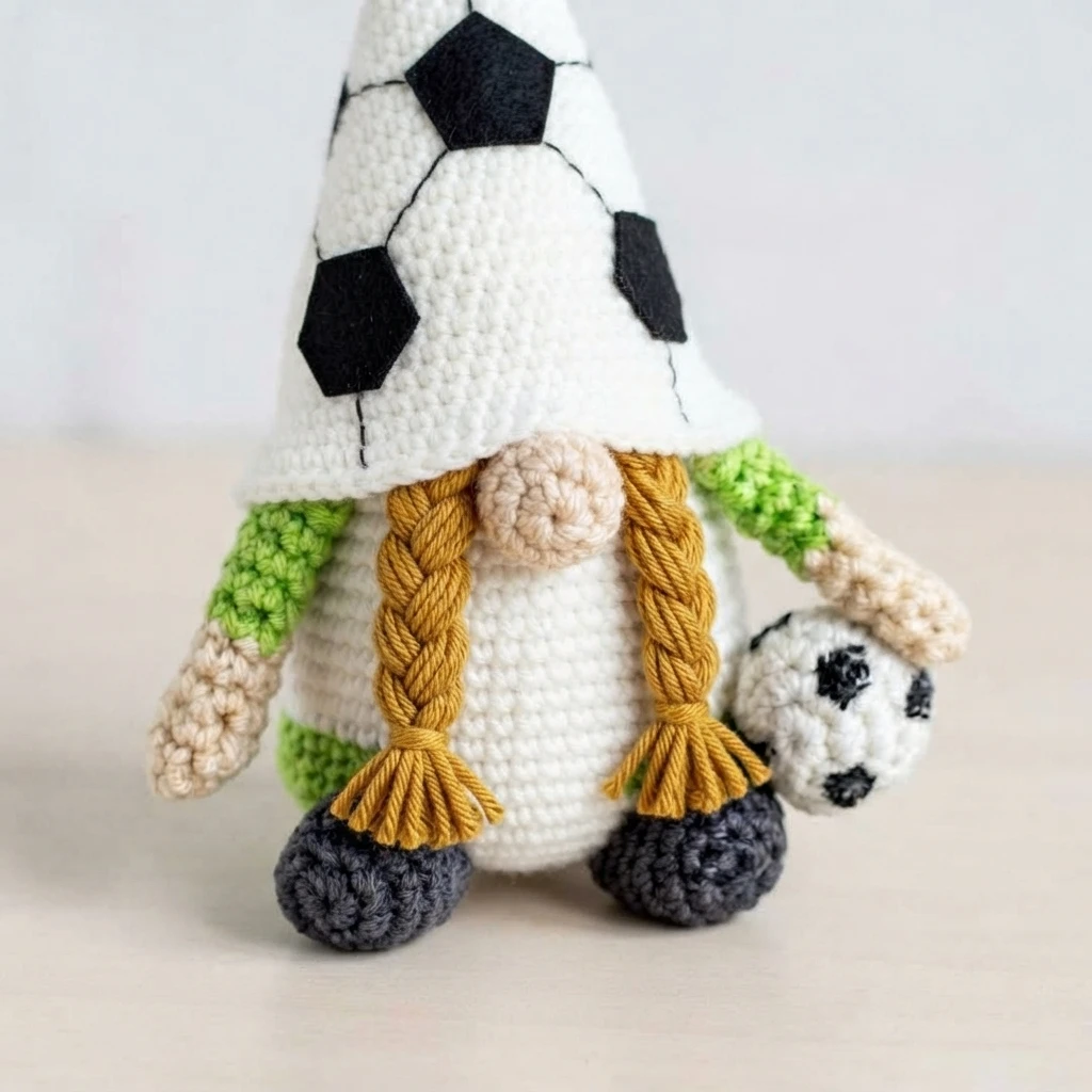 Finished female crochet soccer gnome with gold braids, a soccer-ball patterned cone hat, green arms and a mini soccer ball