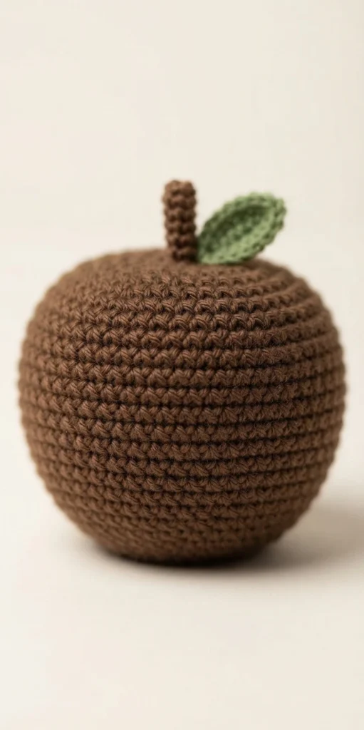 A brown crocheted apple with a green leaf and a short stem, shown against a light background.