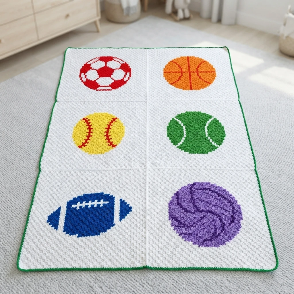 C2C crochet blanket laid flat with six sports ball panels in red, orange, yellow, green, blue and purple on white with a green border