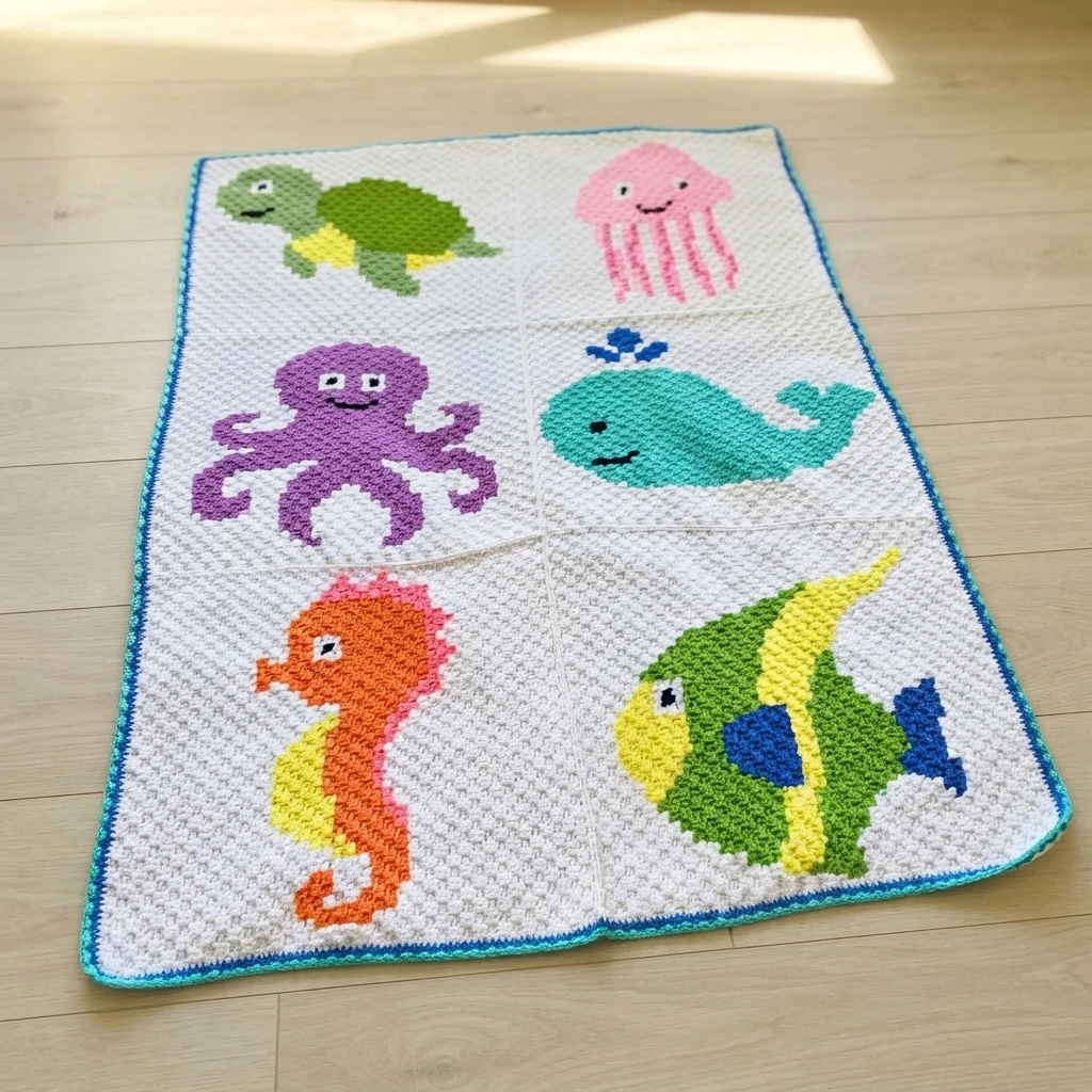 C2C crochet blanket with six sea animal panels, a turtle, jellyfish, octopus, whale, seahorse and tropical fish, on a white background with a blue border, laid flat on a light wood floor