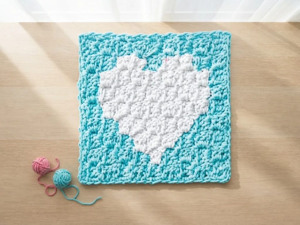 Turquoise crochet C2C square panel with a large white heart in the center on a light wood table, with small pink and turquoise yarn balls beside it