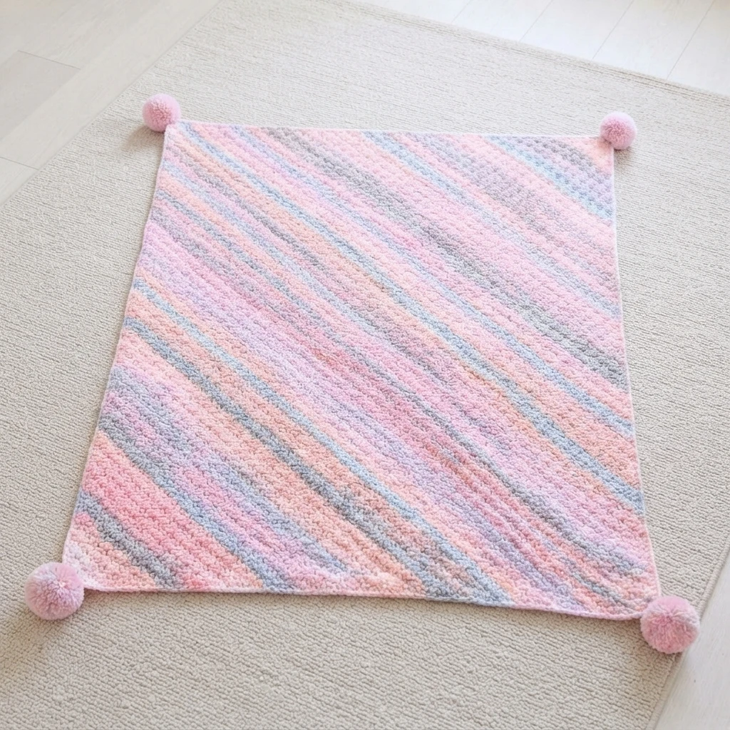 Pastel pink crochet baby blanket with diagonal stripes in peach, gray and lavender and pink pom-poms at each corner, laid flat on a beige rug