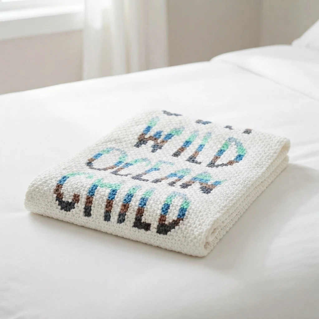 Folded white crochet blanket with multicolored Wild Ocean Child lettering on a white bed