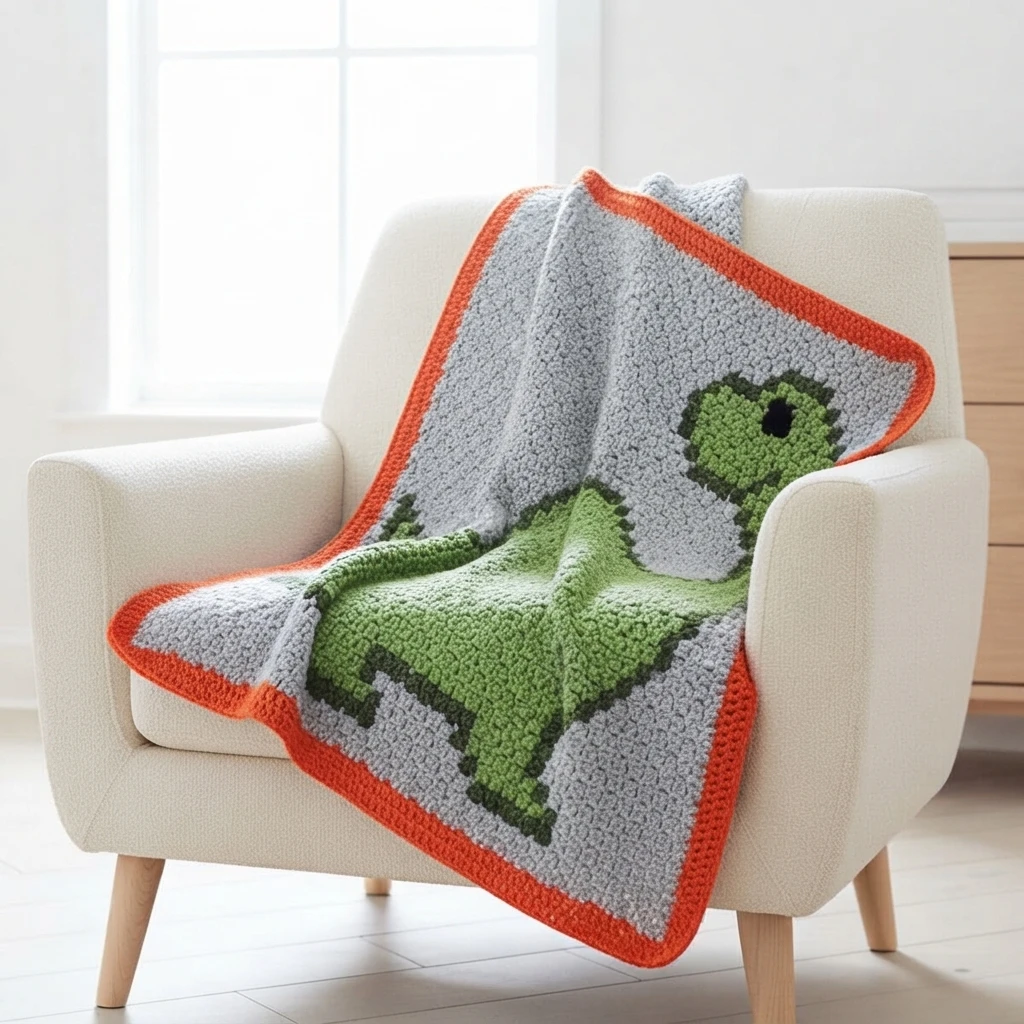 Green brontosaurus crochet blanket with a light gray background and orange border draped over a cream armchair