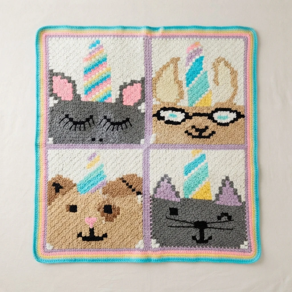 Crochet blanket laid flat with four unicorn animal faces in separate panels, pastel rainbow horns and a turquoise, pink and yellow border