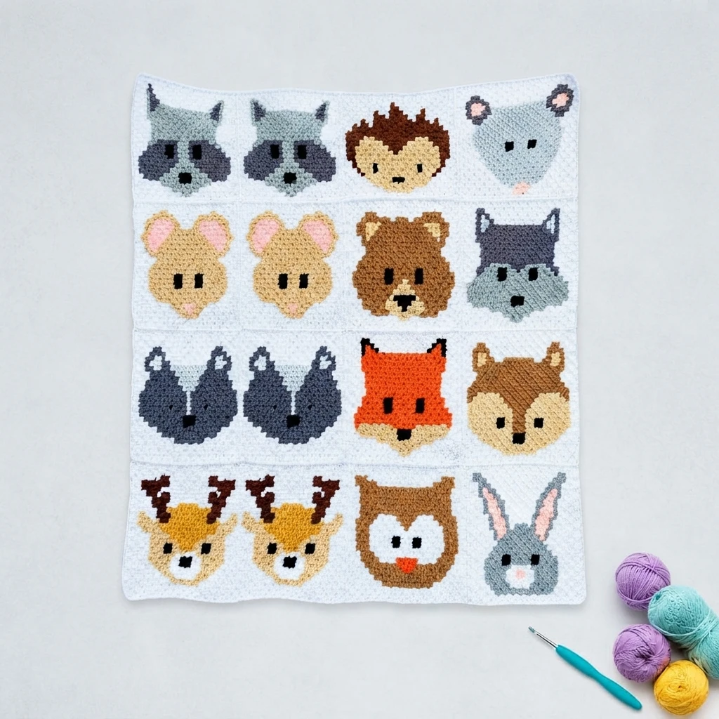 Crochet woodland baby blanket with rows of animal face panels, shown flat with yarn balls and a crochet hook beside it