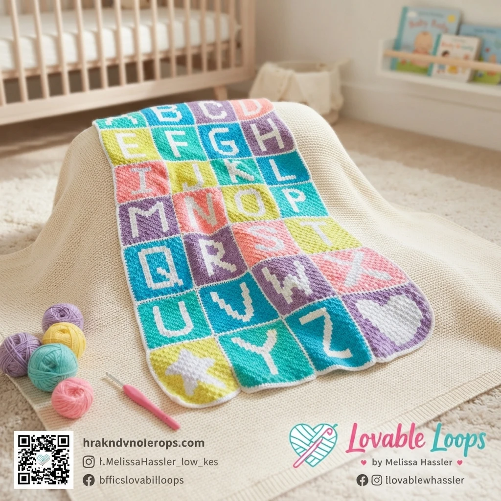 Pastel C2C alphabet blanket with white letter squares, a star square and a heart square, draped in a nursery beside yarn balls and a pink crochet hook