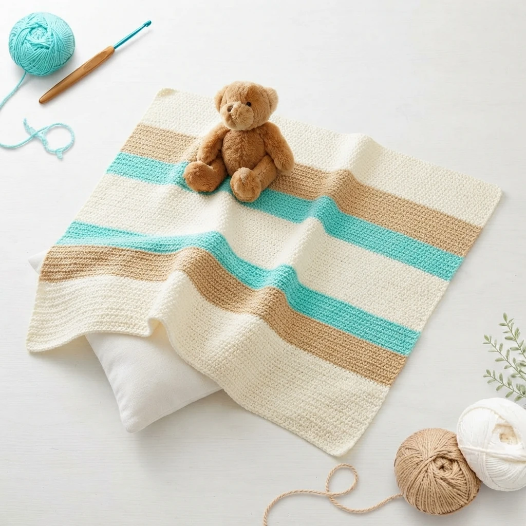 White crochet baby blanket with beige and turquoise stripes, teddy bear sitting on top, yarn balls and crochet hook nearby
