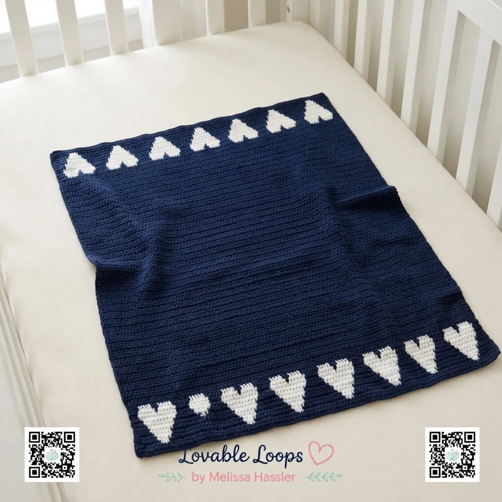 Navy crochet baby blanket with rows of white hearts along the top and bottom, laid flat in a white crib