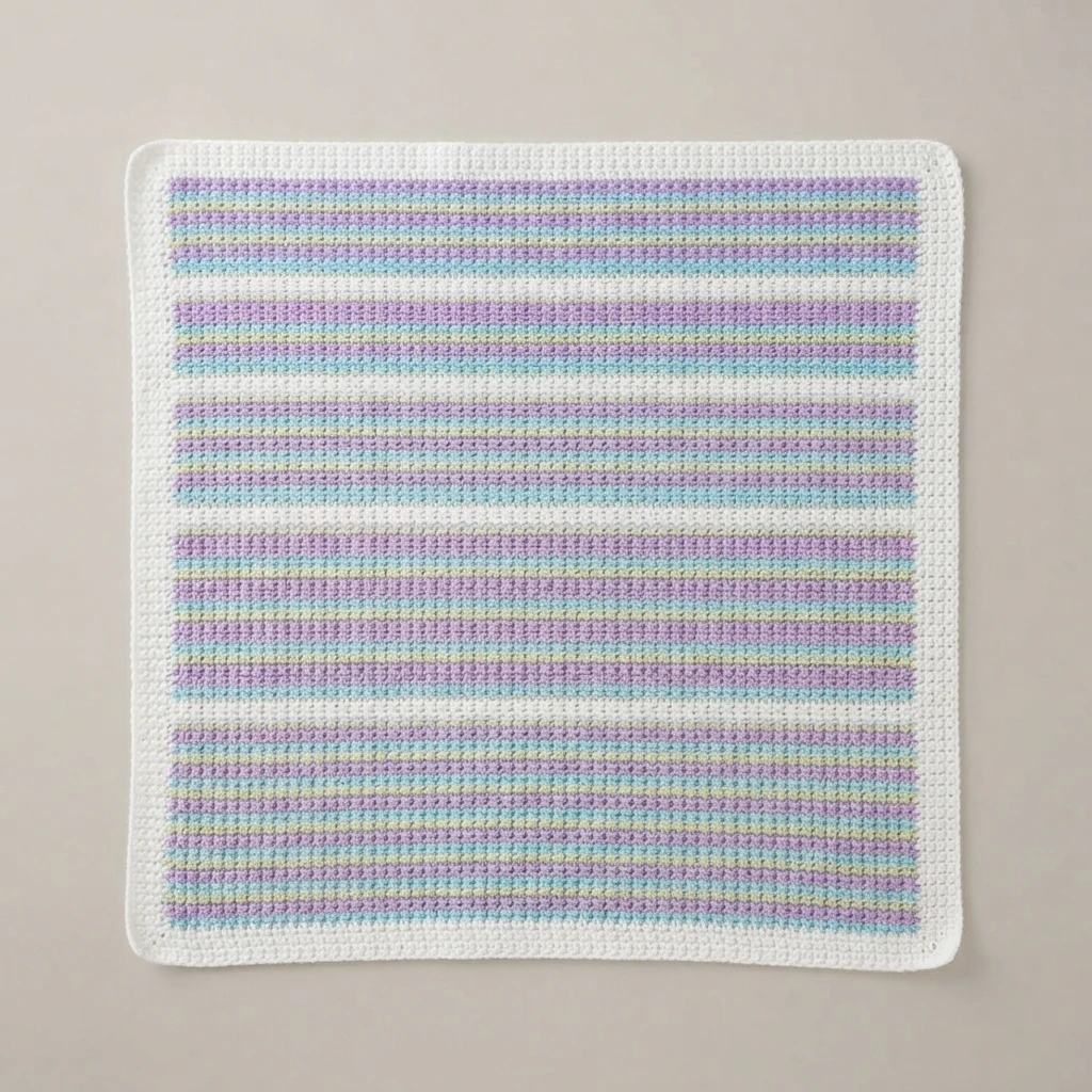 Pastel striped crochet baby blanket with purple, blue and pale yellow rows and a white border, laid flat on a beige background