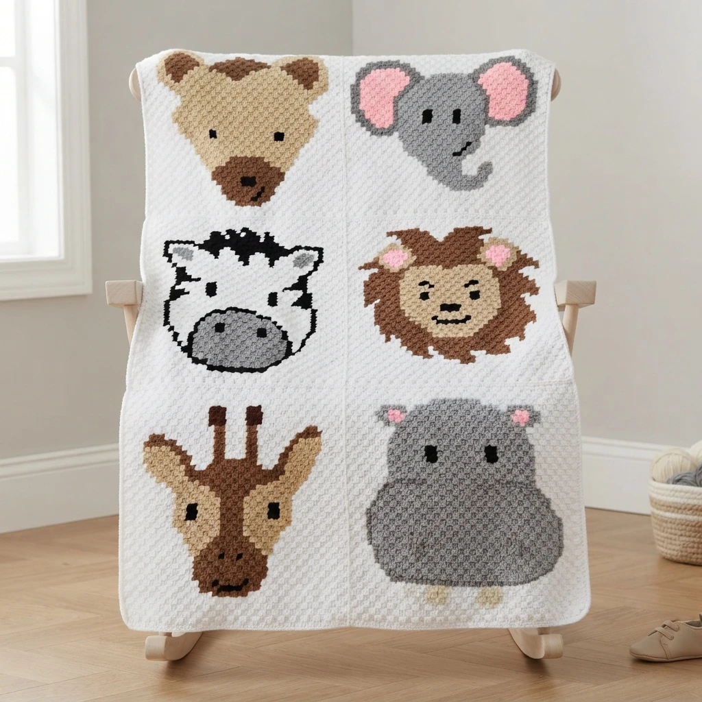 C2C crochet safari baby blanket with six animal panels including a bear, elephant, zebra, lion, giraffe and hippo draped over a rocking chair