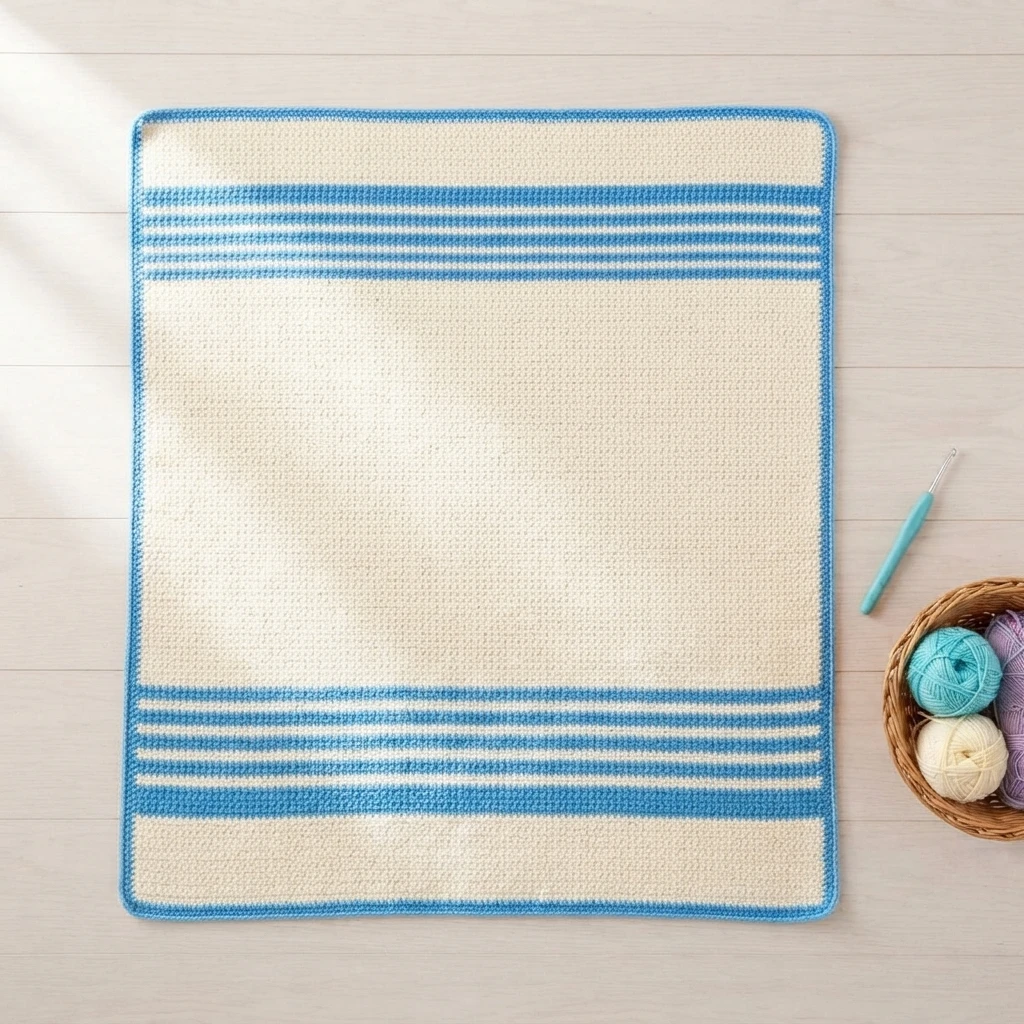 Cream crochet baby blanket with blue striped bands near each end and a blue border, laid flat beside a basket of yarn and a crochet hook
