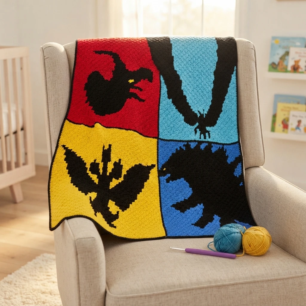 Crochet blanket with four red, turquoise, yellow and blue panels showing black monster silhouettes, draped over a beige armchair with blue and yellow yarn balls and a purple crochet hook