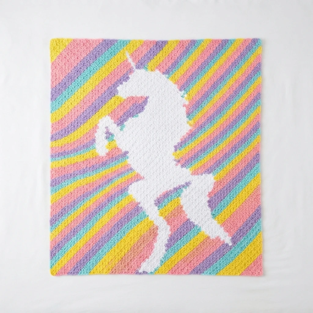 Flat lay of a crochet blanket with diagonal pastel rainbow stripes in pink, yellow, purple and teal and a large white rearing unicorn silhouette in the center, on a white background