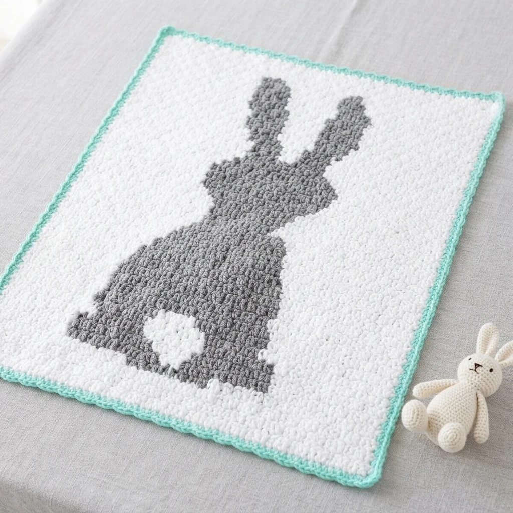 White crochet blanket with a large grey bunny silhouette, white tail and mint border, laid flat beside a small cream crochet bunny toy
