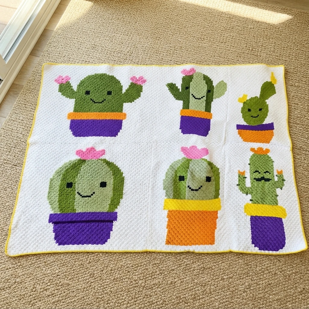 Crochet blanket laid flat on a beige carpet with smiling cactus motifs in purple, orange and yellow pots on a white background and a yellow border