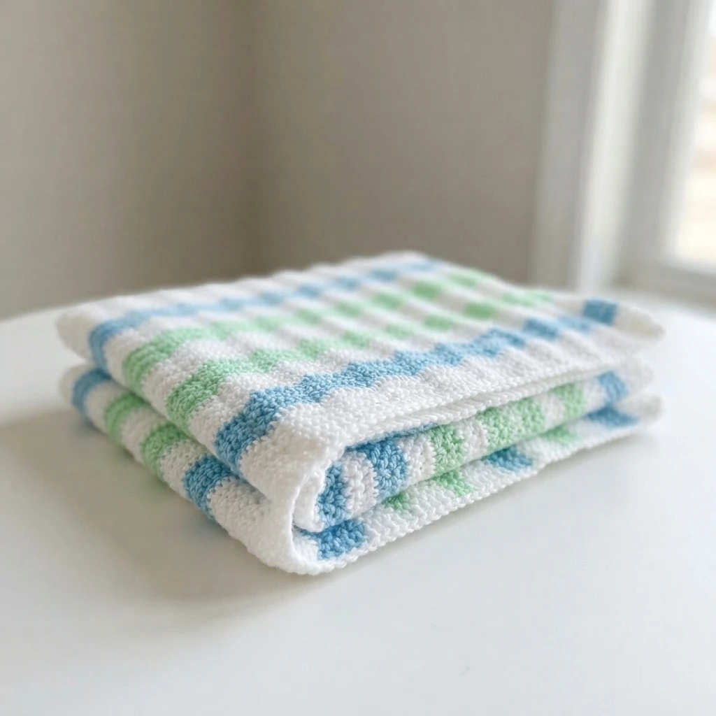 Folded crochet baby blanket with white, light blue and mint green wavy stripes on a white surface near a window