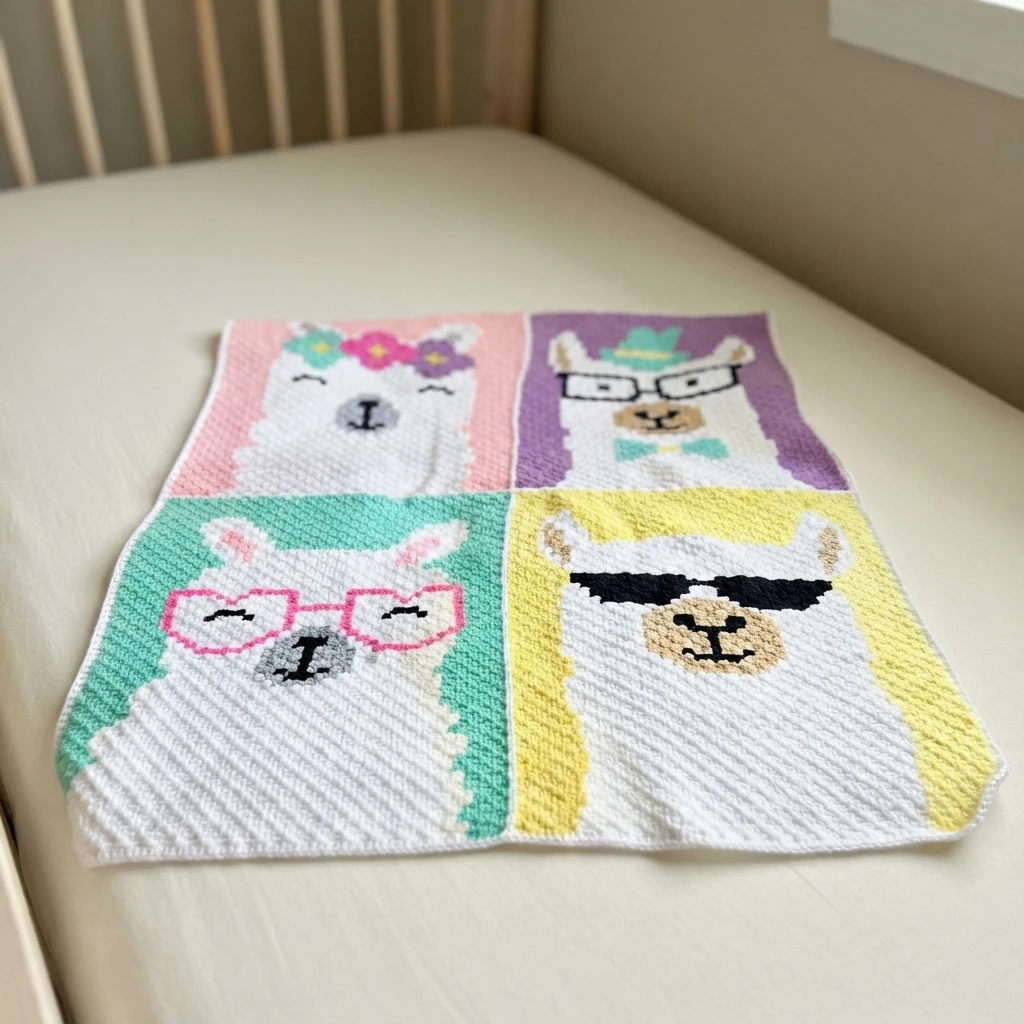 Four panel crochet llama blanket on a crib mattress, with white llamas wearing flowers, glasses and sunglasses on pink, purple, teal and yellow backgrounds