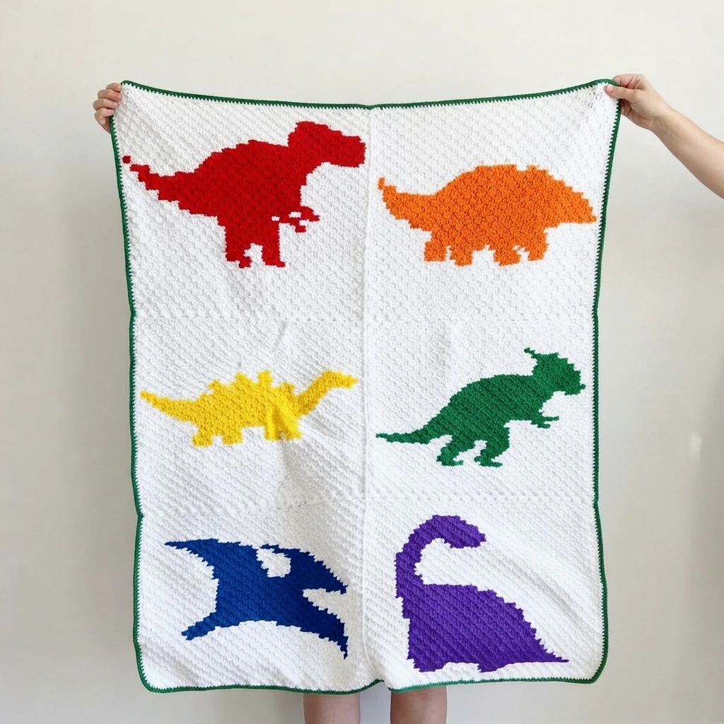 White crochet blanket held up by two hands, with six colorful dinosaur silhouettes in red, orange, yellow, green, blue and purple and a thin green border