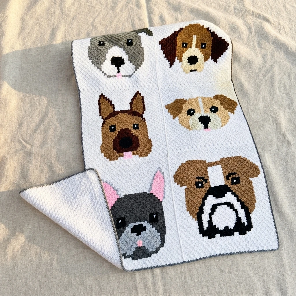 Finished crochet blanket with six dog face panels arranged in two columns on a white background, laid on beige fabric with one corner folded back