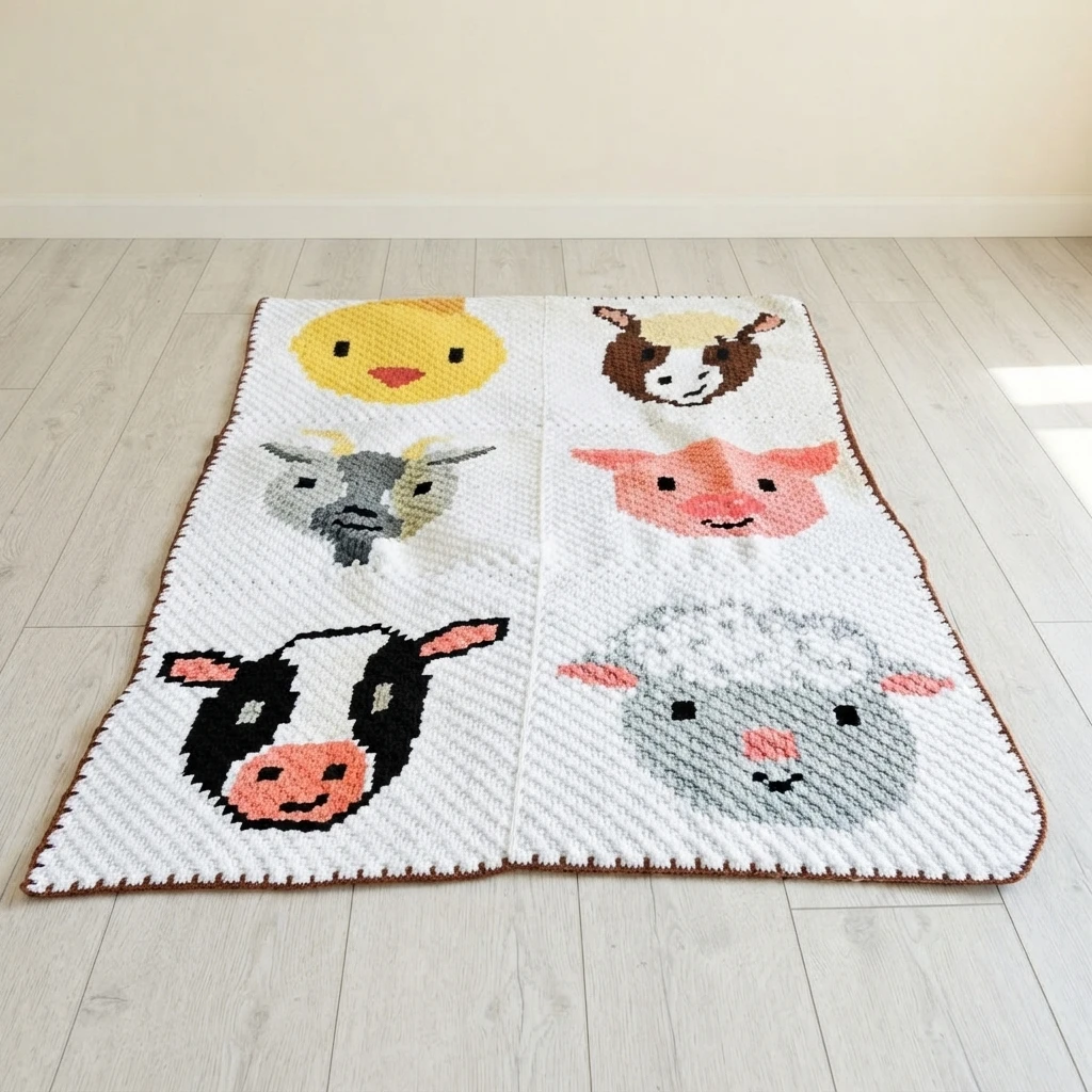 White C2C crochet blanket with six farm animal panels, chick, horse, goat, pig, cow and sheep, laid flat on a light wood floor