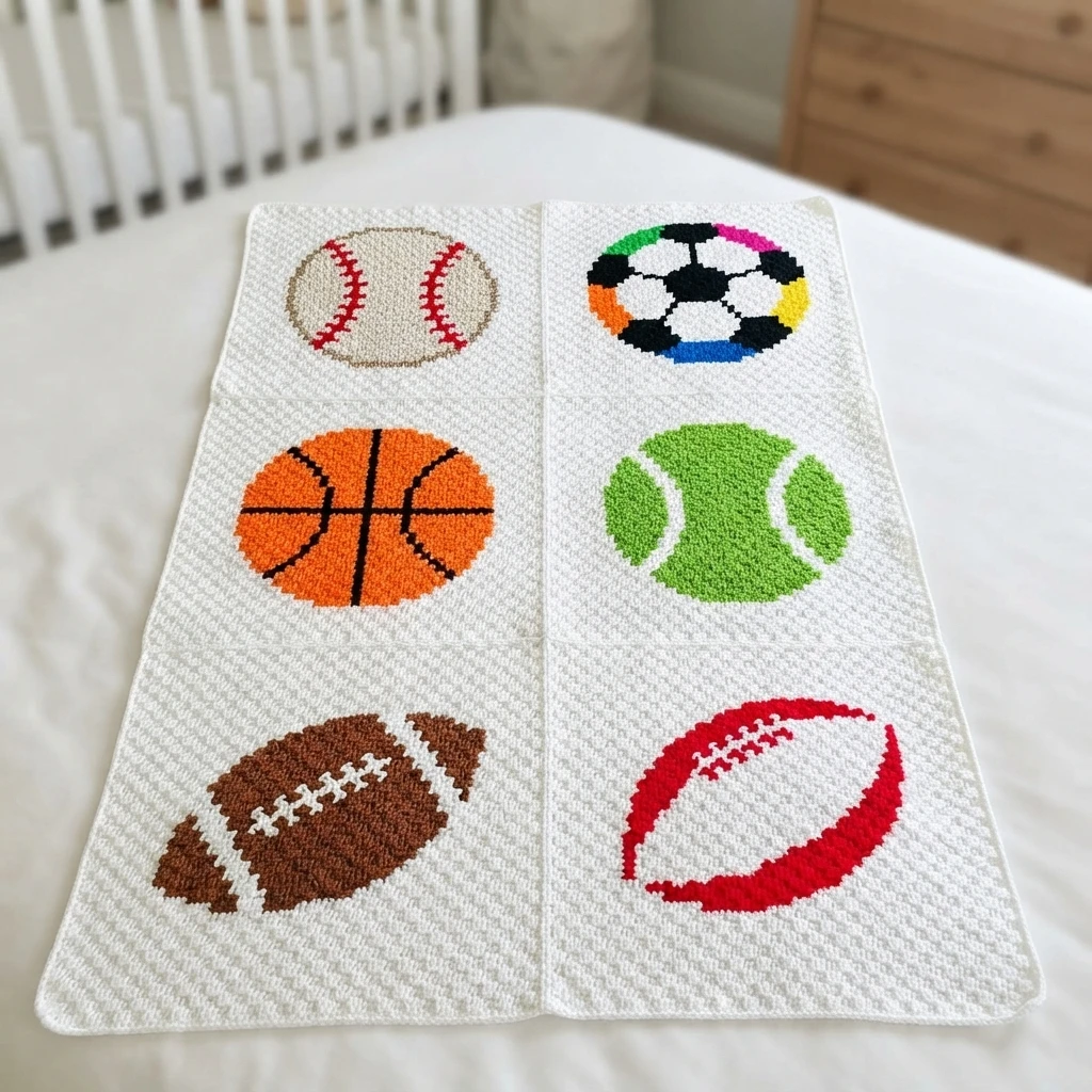 Finished crochet blanket with six sports ball panels laid on a white bed, showing a baseball, soccer ball, basketball, tennis ball, football and a red and white oval ball