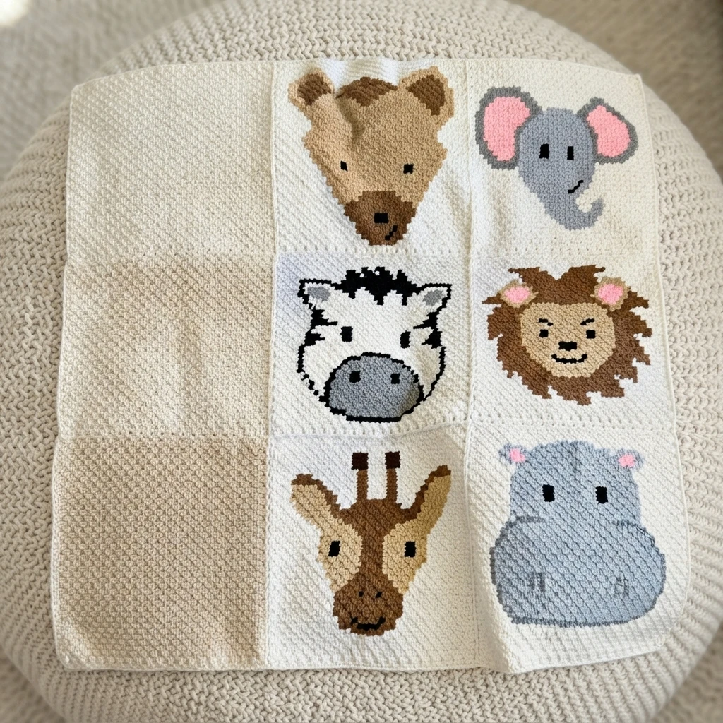 Crochet baby blanket with six safari animal panels showing a hyena, elephant, zebra, lion, giraffe and hippo, next to three plain beige panels, laid on a beige knitted surface
