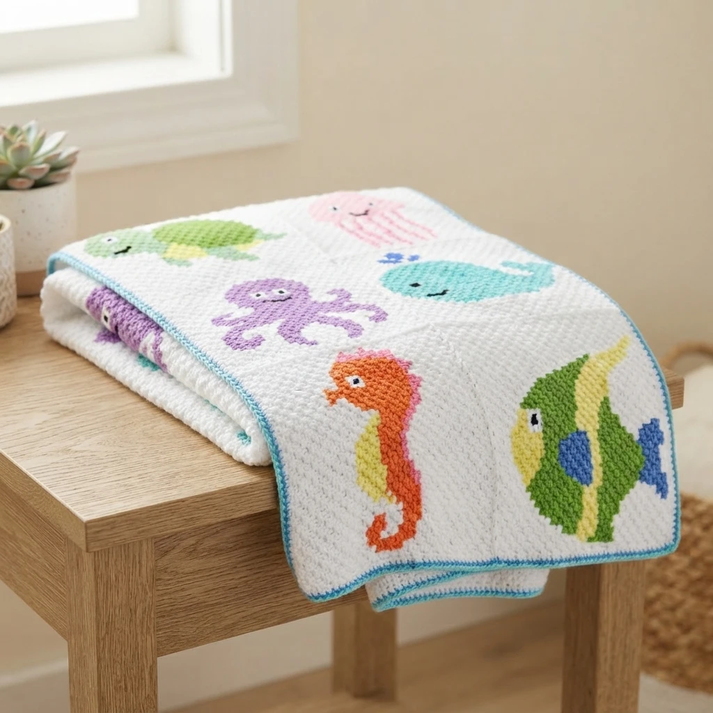 Folded white crochet blanket with sea animal panels including a purple octopus, teal whale, orange seahorse and green fish, with a blue border, draped over a wooden stool