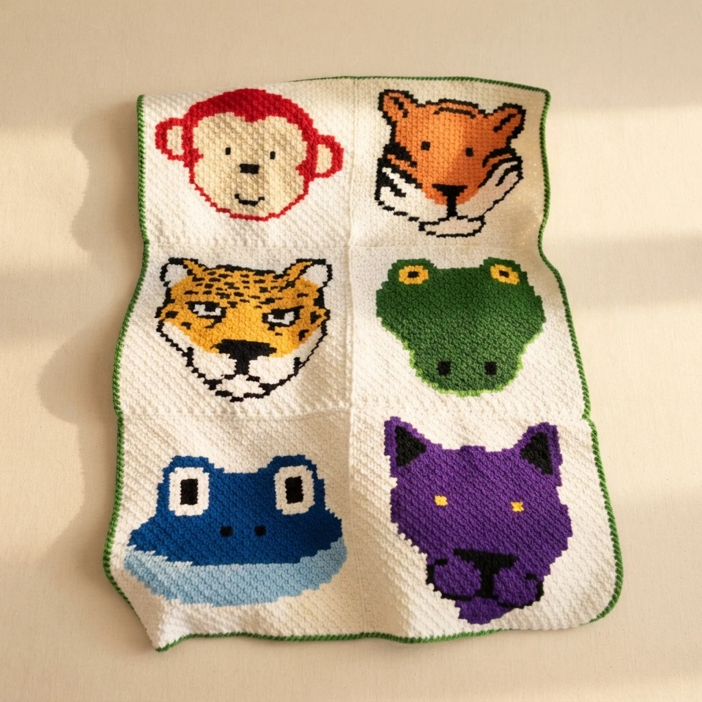 Crochet baby blanket laid flat with six jungle animal panels, a red monkey, an orange tiger, a spotted jaguar, a green frog, a blue frog and a purple panther, on a white background with a green border