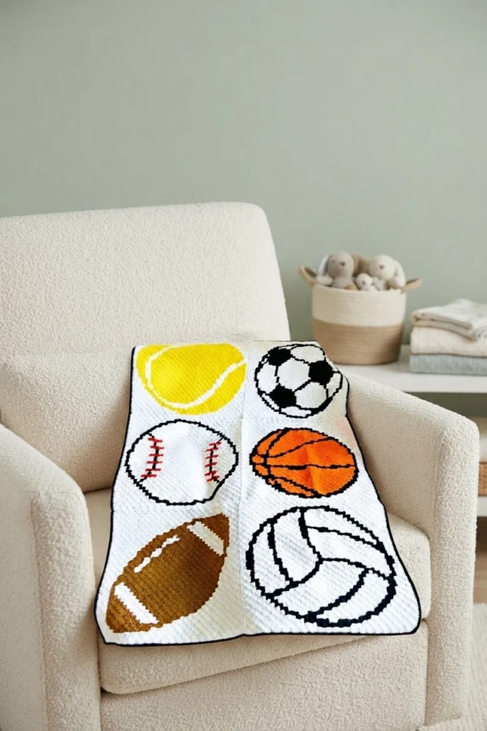 Crochet blanket with six sports ball panels showing tennis, soccer, baseball, basketball, football and volleyball designs draped over a beige armchair