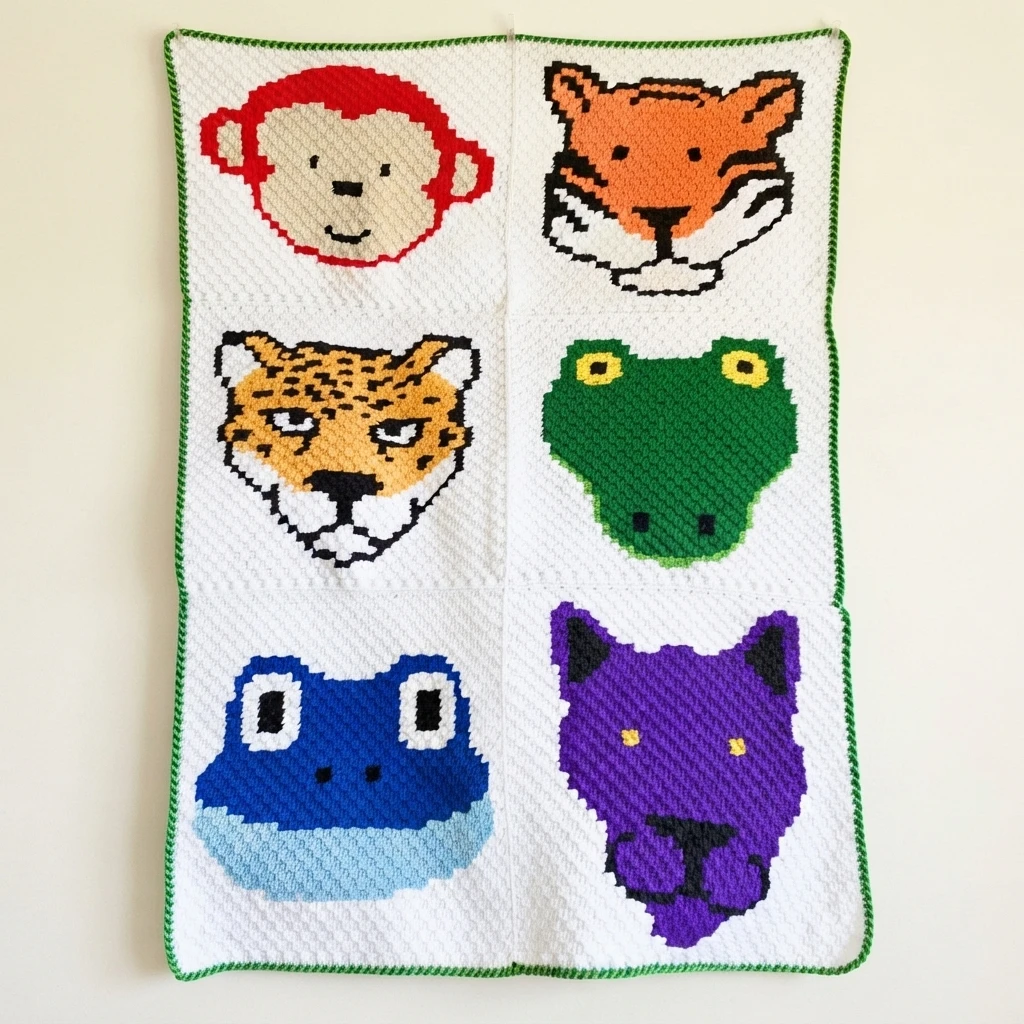 Jungle animals C2C crochet baby blanket with monkey, tiger, leopard, green frog, blue frog and purple panther panels joined together with a green border, shown flat