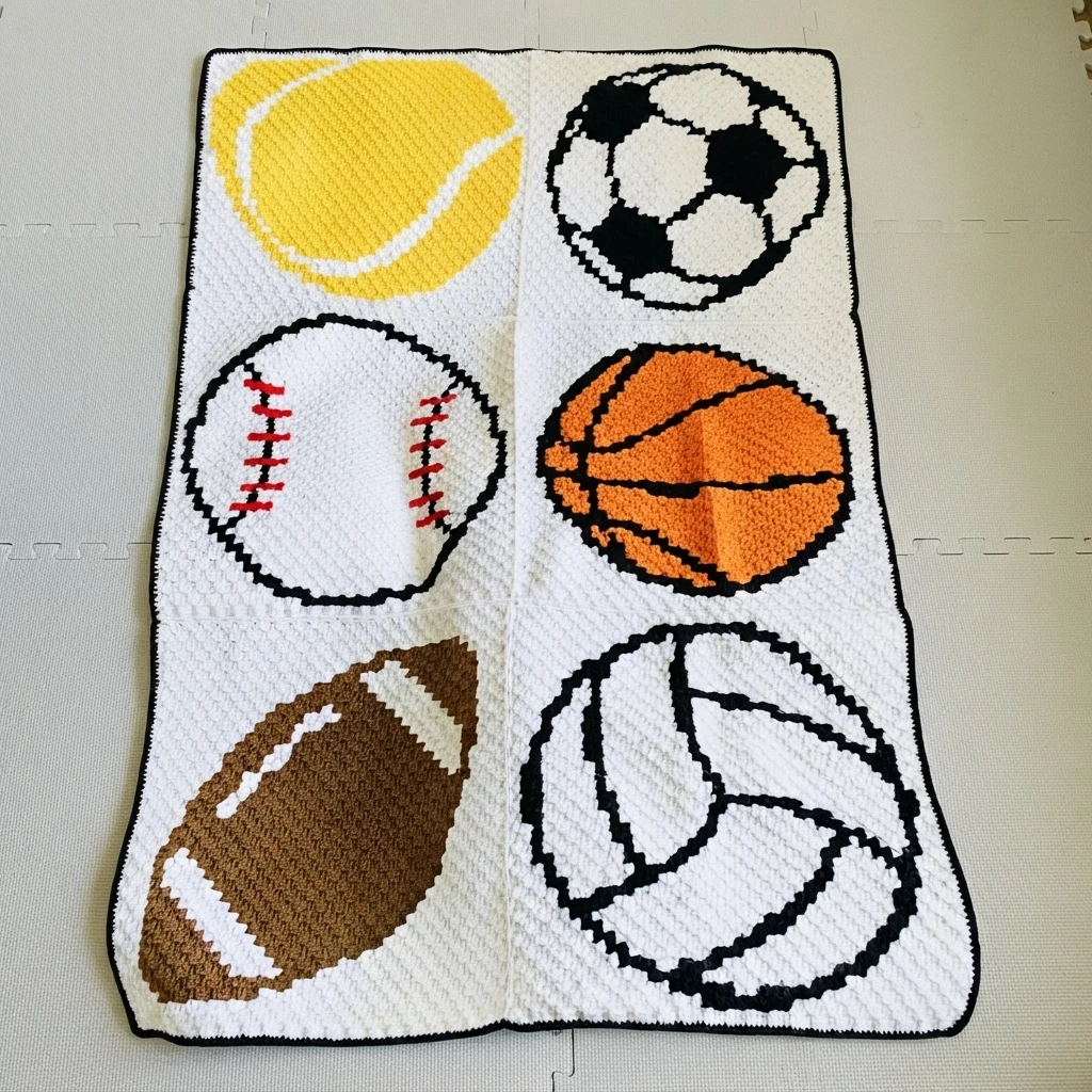 C2C crochet baby blanket with six sports ball panels, including a yellow tennis ball, a soccer ball, a baseball, an orange basketball, a brown football and a white volleyball, finished with a black border