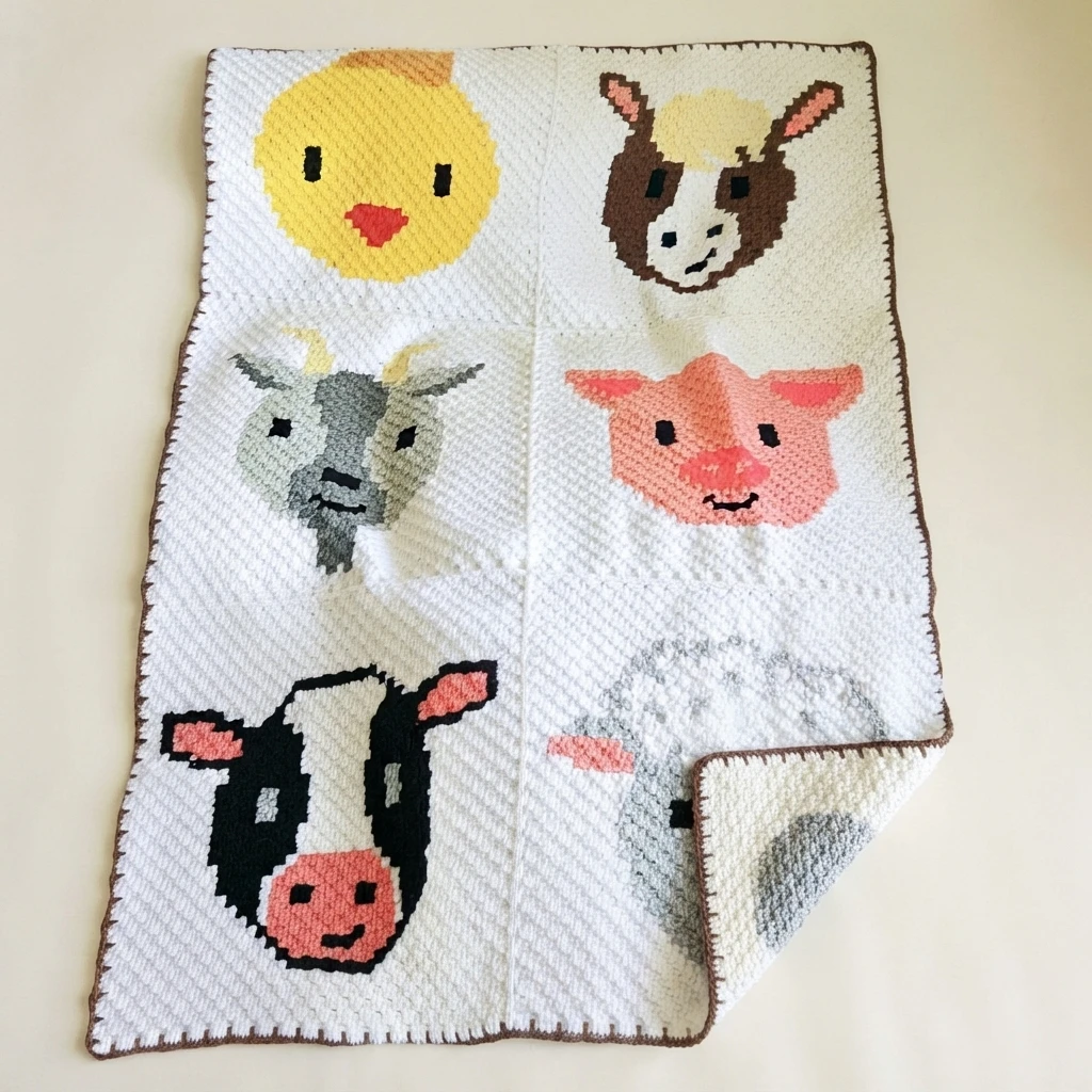 Finished C2C crochet farm animal blanket with chick, horse, goat, pig, cow and sheep panels on a white background and a brown border, one corner folded over