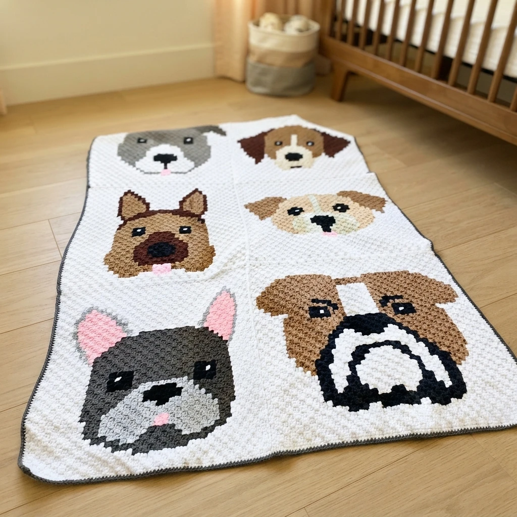 C2C crochet blanket with six dog face panels in grey, brown, tan, black and pink on a white background with a dark border, laid on a wooden nursery floor