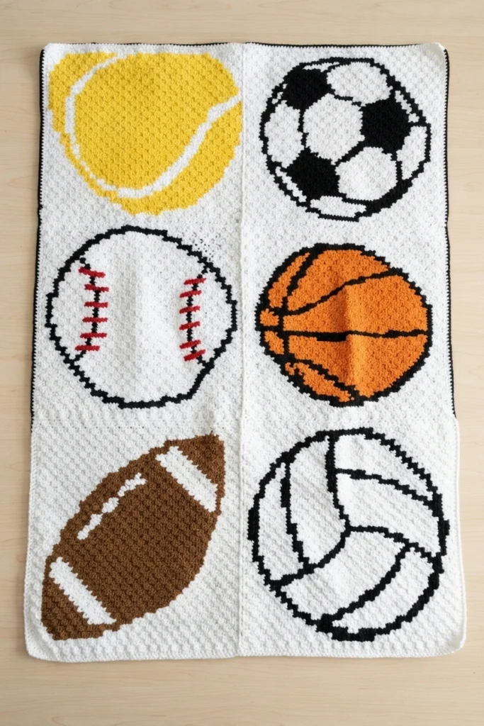 Crochet baby blanket laid flat showing six sports ball panels with a yellow tennis ball, soccer ball, baseball, orange basketball, brown football and white volleyball
