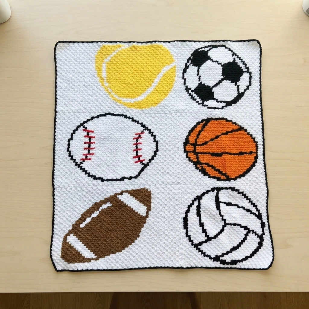 Crochet blanket laid flat showing six sports ball panels: yellow tennis ball, soccer ball, baseball, orange basketball, brown football and white volleyball